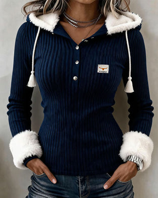 Fuzzy Hooded Button Top