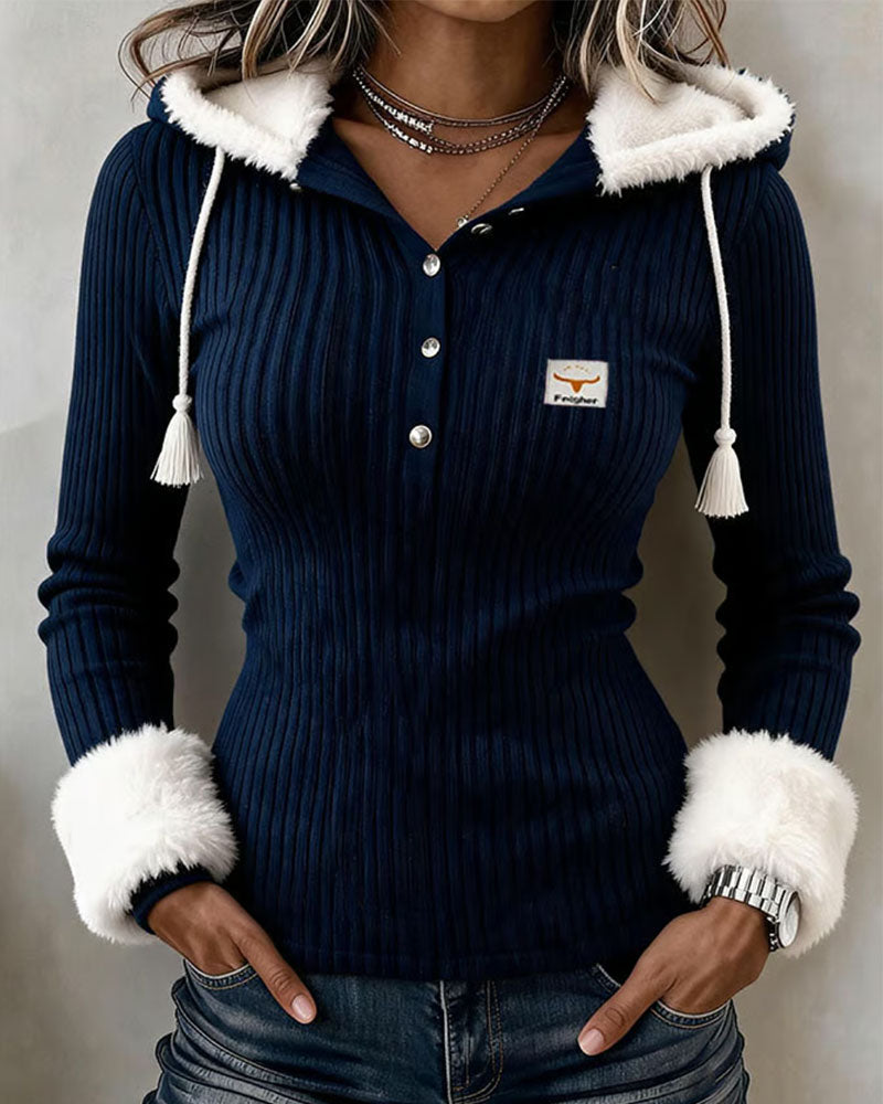 Fuzzy Hooded Button Top