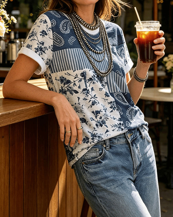 Crew Neck Irregular Floral T-Shirt