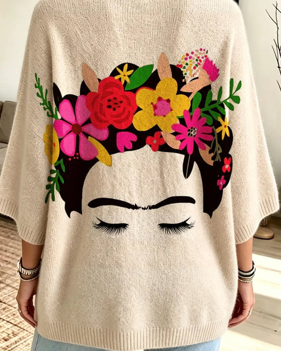 Loose Fit Face Floral Print Pullover