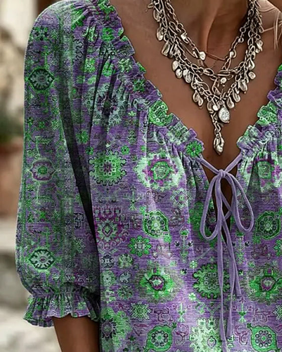 V-Neck Tie Vintage Print Blouse