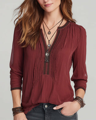 V-Neck Contrasting Long-Sleeved Blouse
