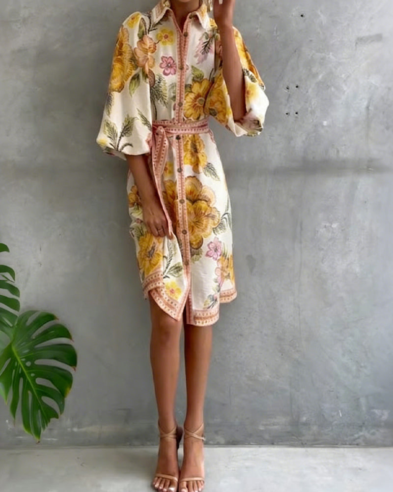 French Lantern Sleeve Notched Collar Printed Dress