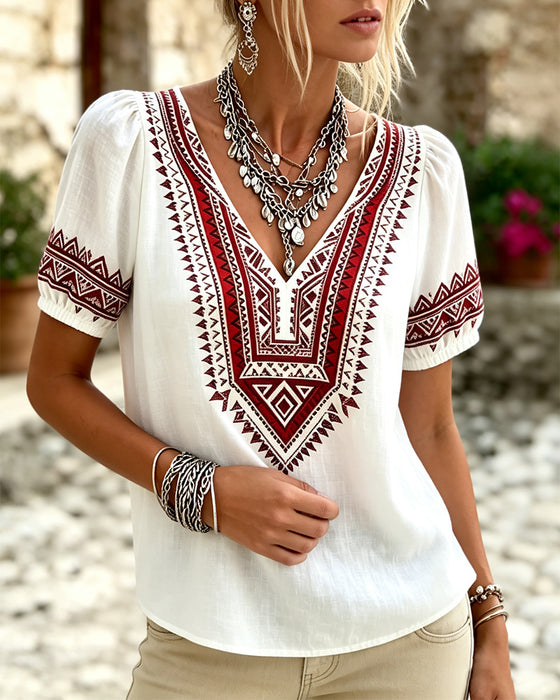 V-Neck Bohemian Bubble Sleeve Blouse