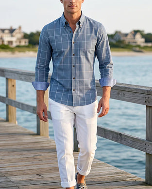 Blue and White Check Lapel Long Sleeve Shirt