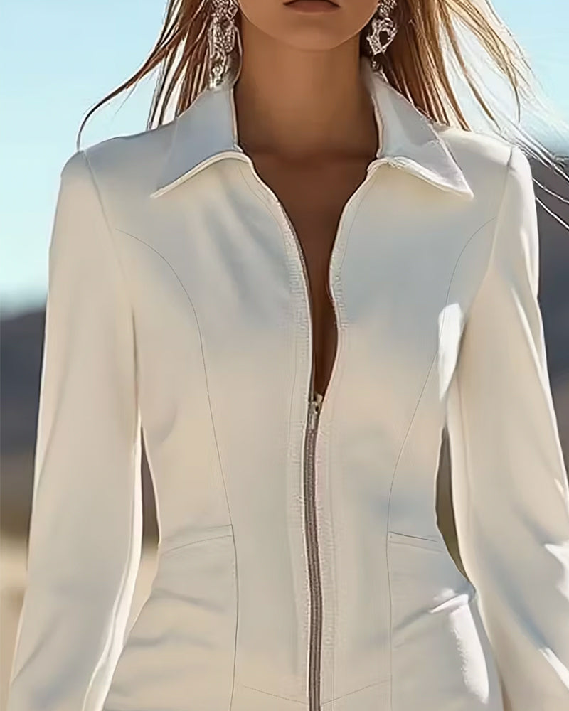 Zippered Collar And Fringed Hem Dress