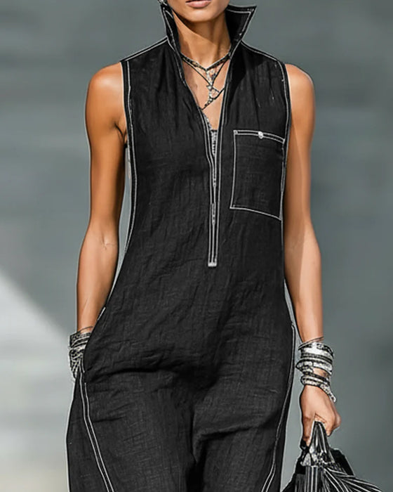 Mandarin Collar Sleeveless Black and White Wide-Leg Jumpsuits