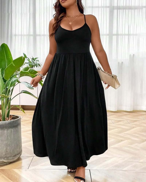 V-Neck Flared Spaghetti Strap Long Dresses