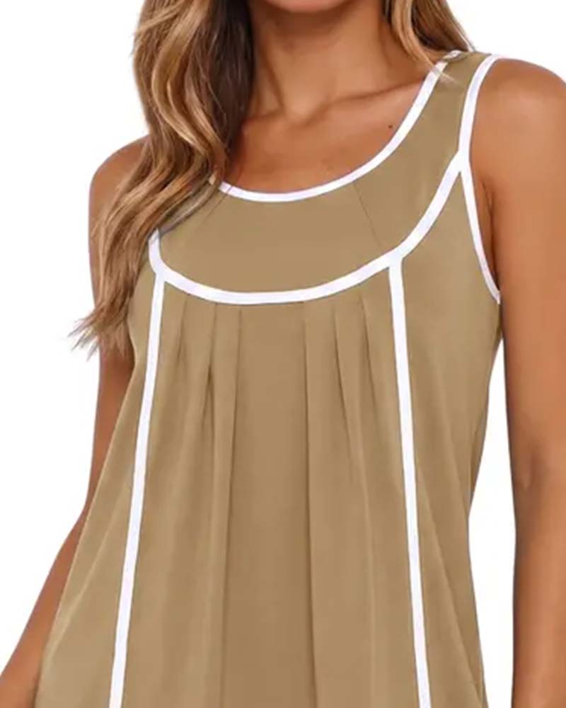 White-Trimmed Color-Blocked Sleeveless Dress