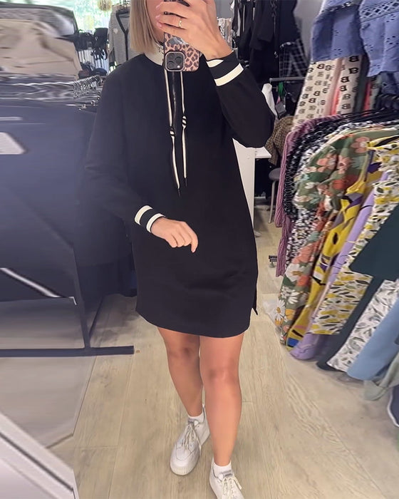 Casual stand collar long sleeve drawstring dress