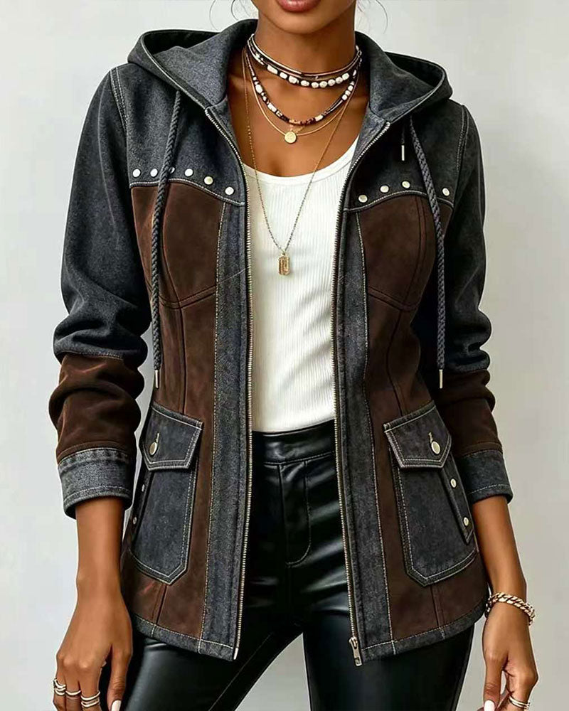 Hooded Zip Denim Patchwork Coat