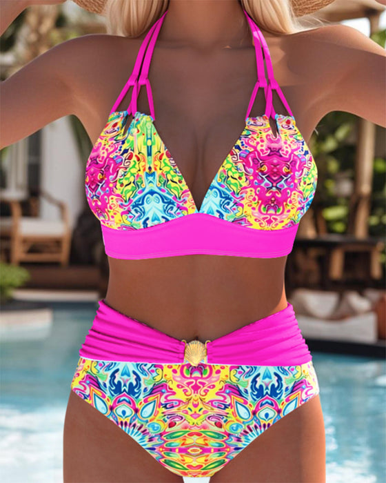 Double Strap Halter Neck Bra Top Printed Bikini