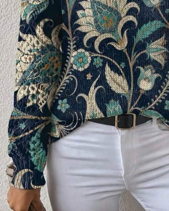 V-Neck Long-Sleeve Floral Print Pullover