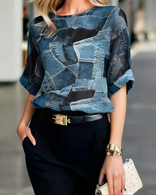 Denim-Like Patchwork Print Crewneck Loose Fit Top