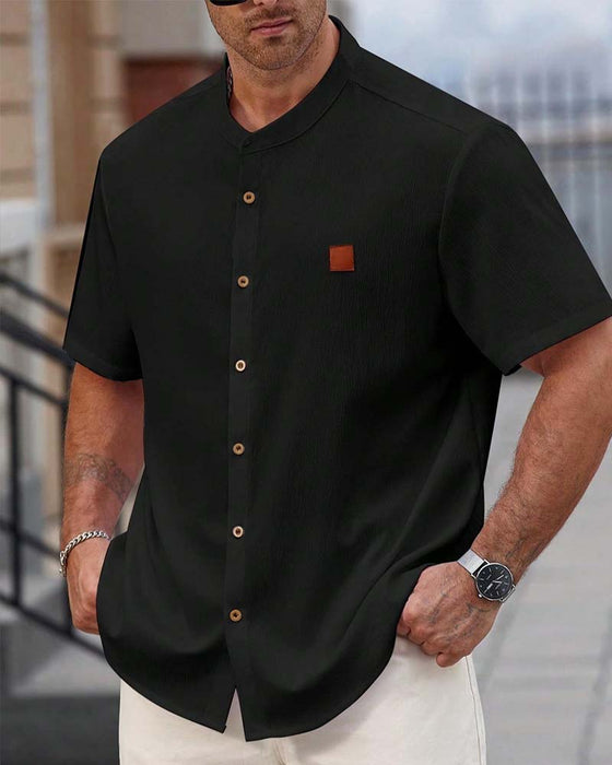 Textured Stand Collar Short Sleeve Shirt