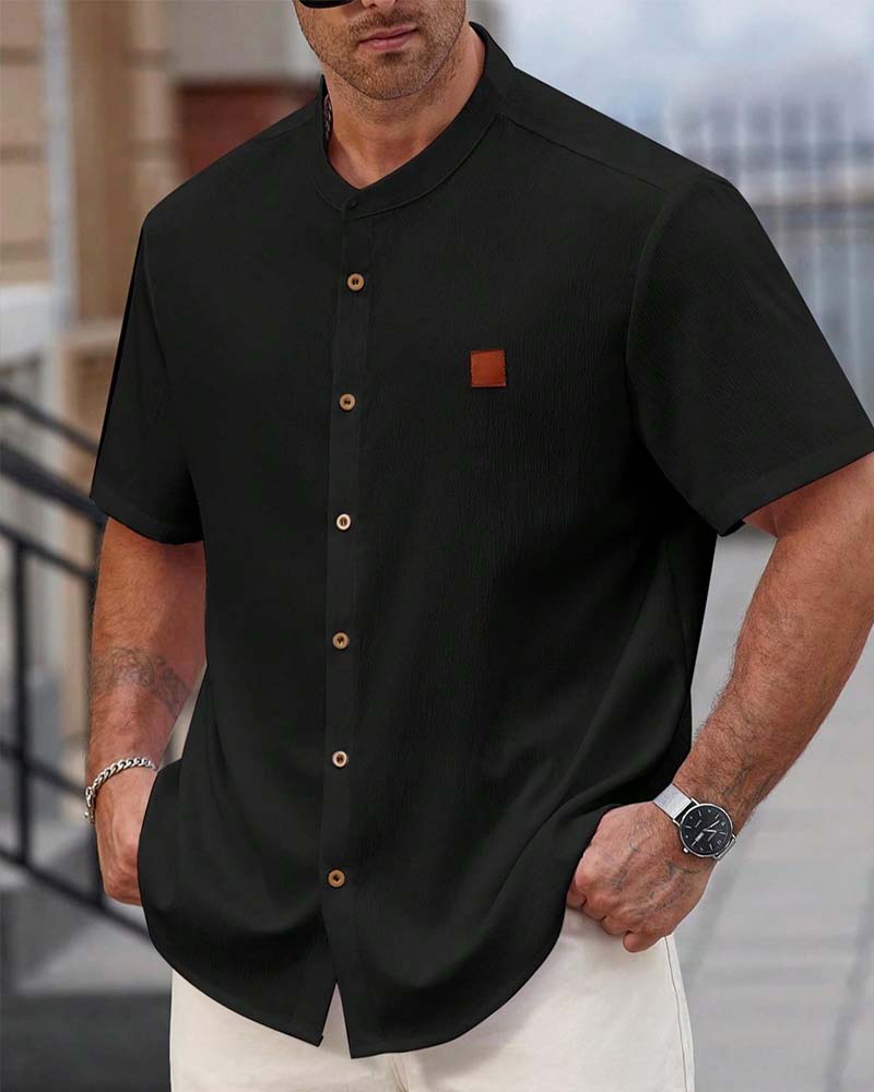 Textured Stand Collar Short Sleeve Shirt
