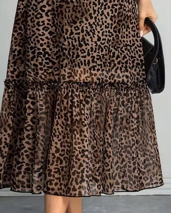Leopard Mock Neck Mesh Midi Dress