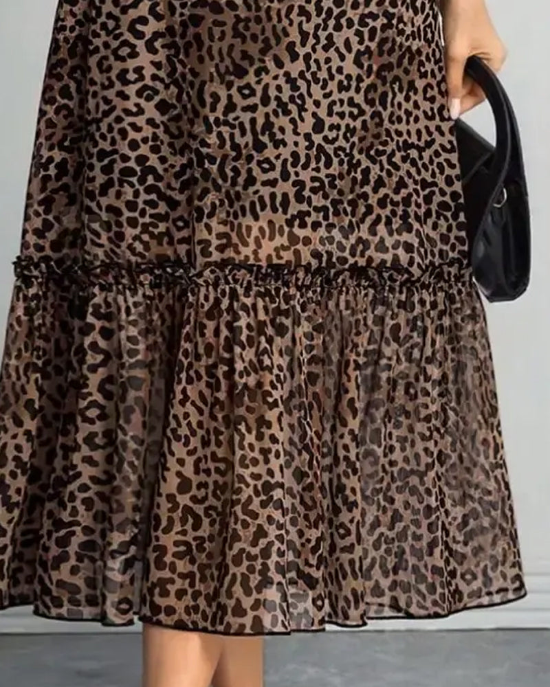 Leopard Mock Neck Mesh Midi Dress