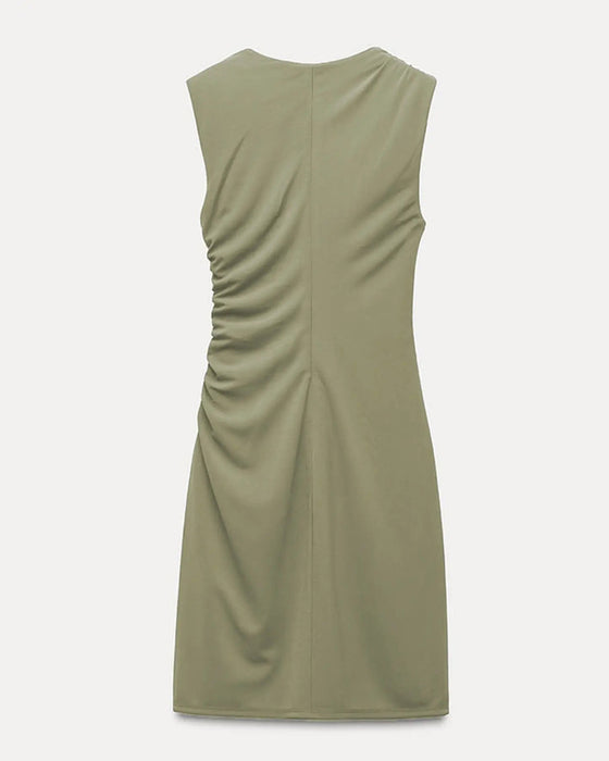 Solid Color Crew Neck Sleeveless Gathered Asymmetric Dress