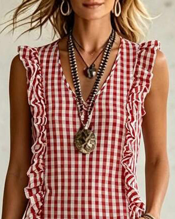 V-Neck Ruffle Plaid Sleeveless Maxi Dress