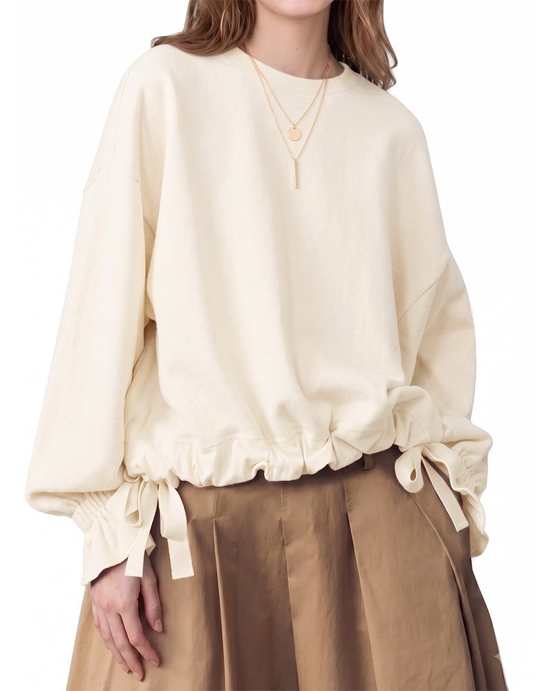 Crew-Neck Ruffle Tie Elastic Sweatshirt