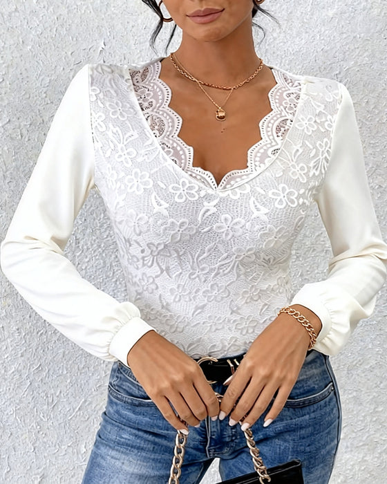 V-Neck Long-Sleeved Solid Color Top