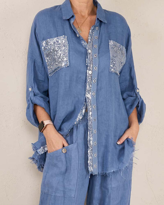 V-Neck Shirt Shimmer Wide Leg Solid Set
