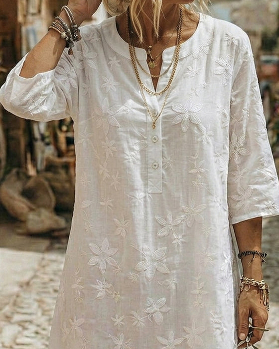 Crewneck Button Embroidery Loose Dresses