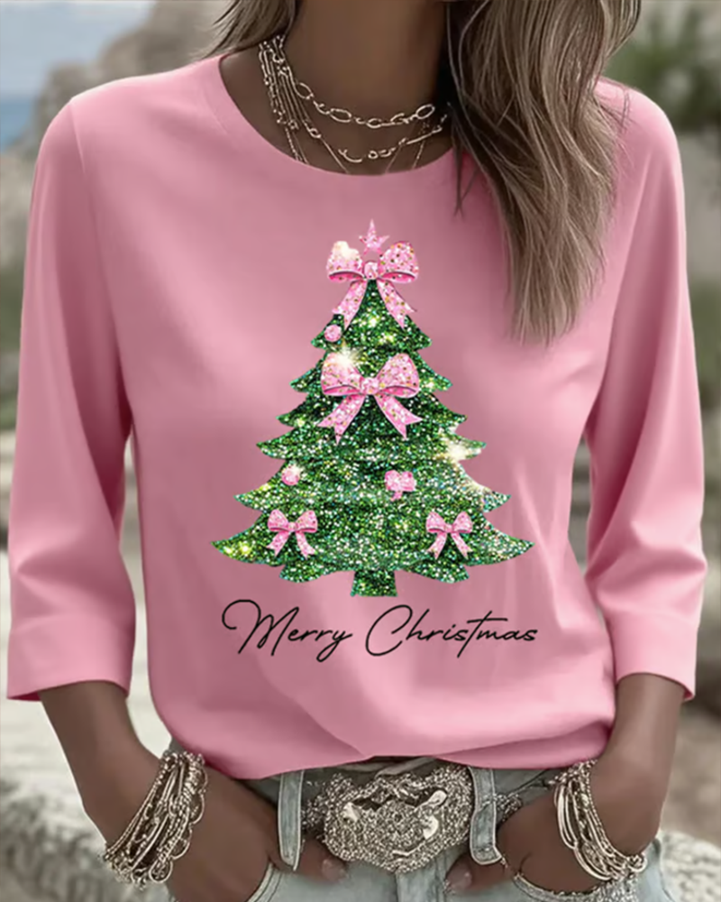 Three-Quarter Sleeve Christmas Print Top
