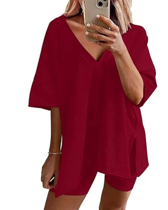 Solid Color V-Neck Sportswear Two-Piece Set