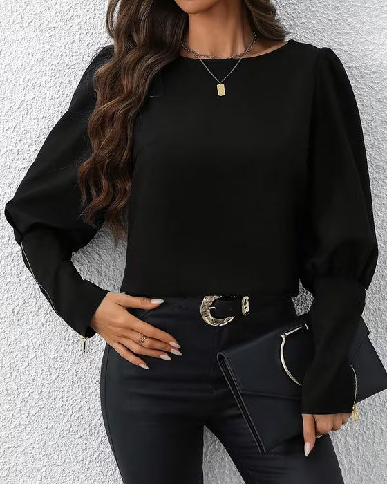 Zipper Puff Sleeve Blouse