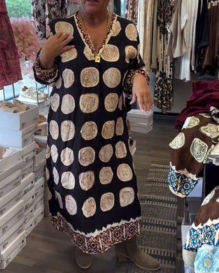 Long-Sleeved V-Neck Printed Dress