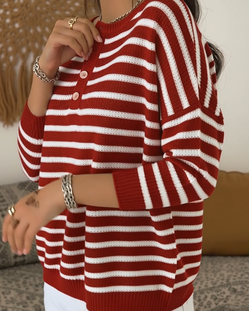 Striped Half-Open Buttoned Pullover