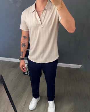 Men's Ribbed Casual Polo-Collar T-Shirt