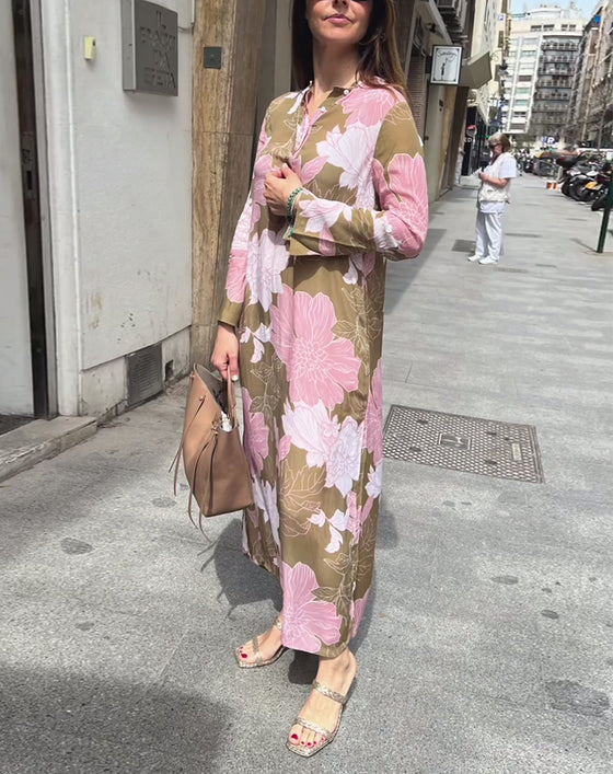 Casual floral print long sleeve slit maxi dress