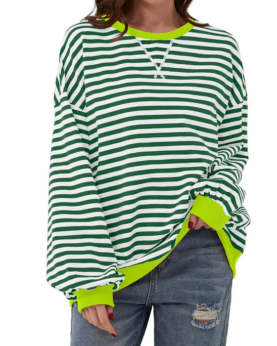 Striped Round Neck Color Block T-Shirt