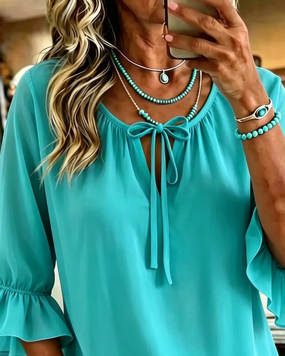 Solid Color Ruffled Sleeve Lace-Up Blouse
