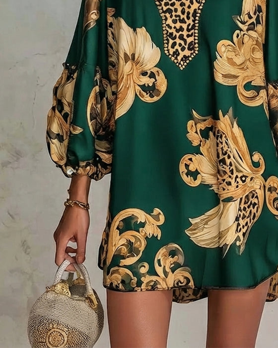 Leopard Lantern Sleeve Stand Collar Print Dress