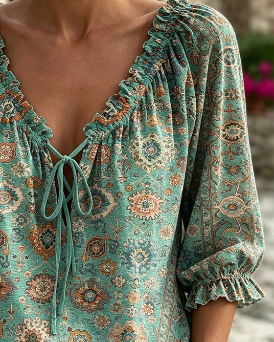 V-Neck Tie Vintage Print Blouse