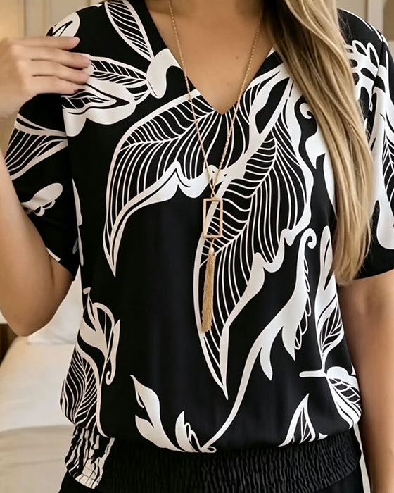 Floral Print Elastic Hem Short Sleeve Blouse