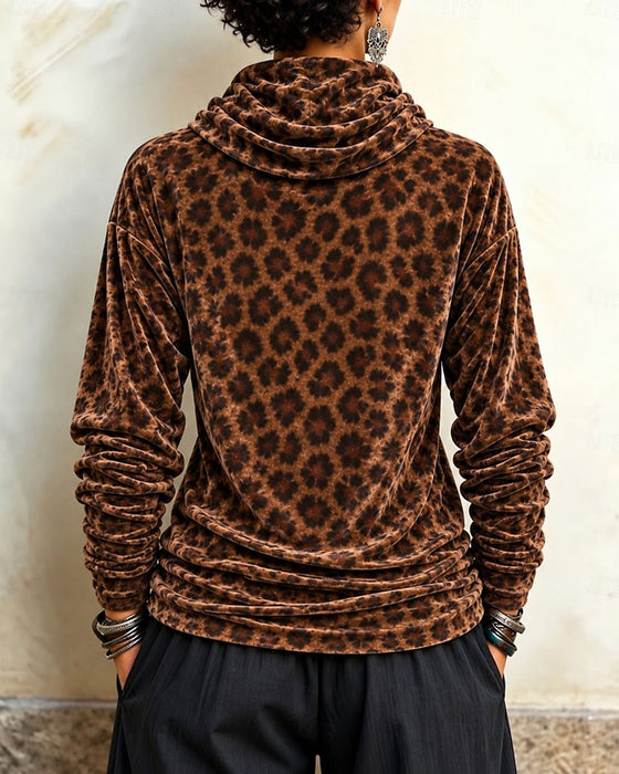 Leopard Print Turtleneck Velvet Long-Sleeve Top