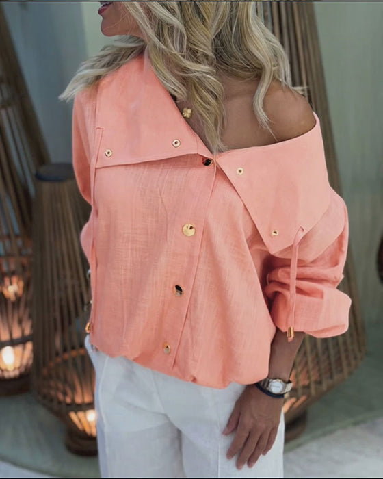 Large Lapel Button-Front Cropped Blouse