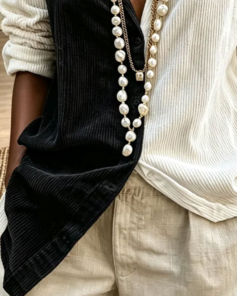 Turn-Down Collar V-Neck Button Color Block Shirt