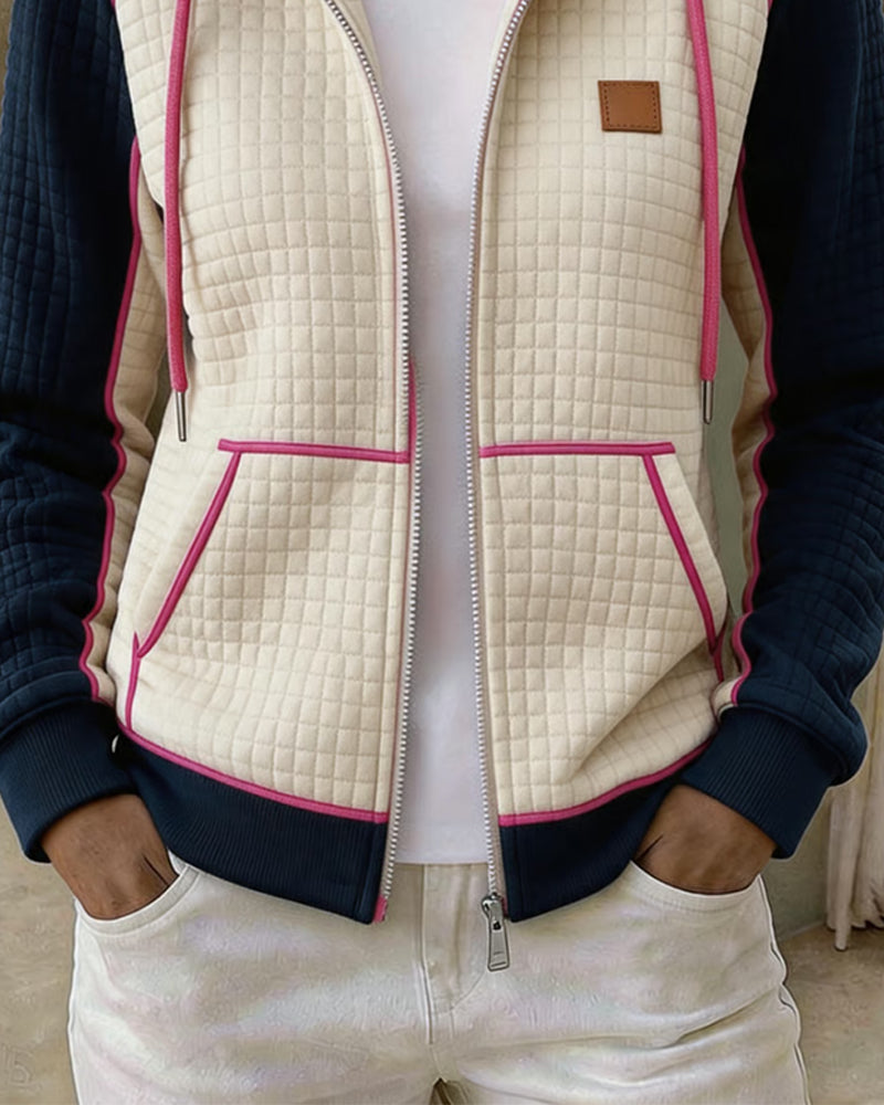 Color Block Waffle Hooded Zip Coat