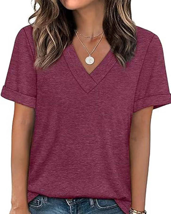 Solid V-Neck Casual Short Sleeve T-Shirt