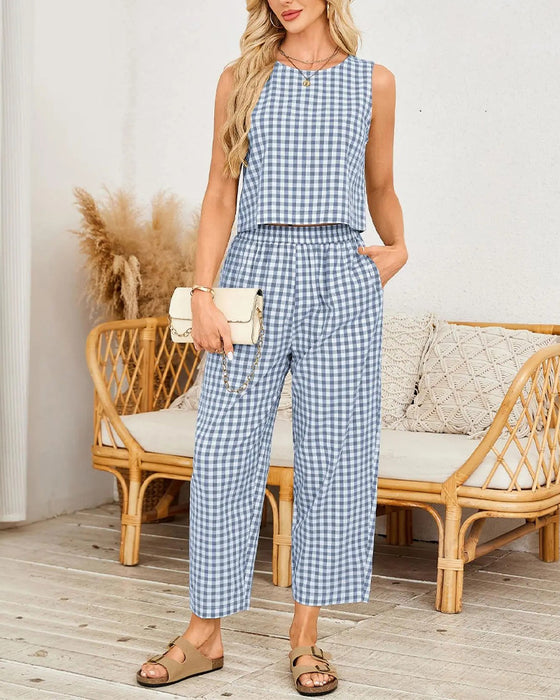 Round Neck Plaid Sleeveless Set