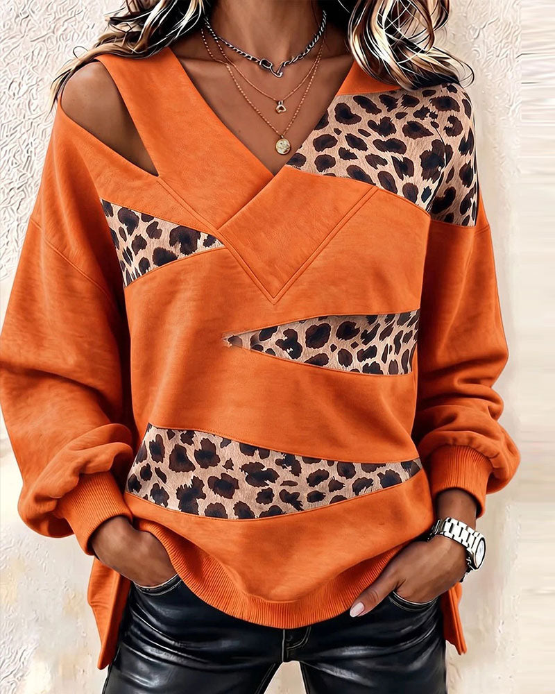 Leopard Patchwork V-Neck Pullover Sweatshirt
