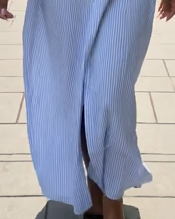 Long Sleeve Lapel Loose Striped Shirt Dress