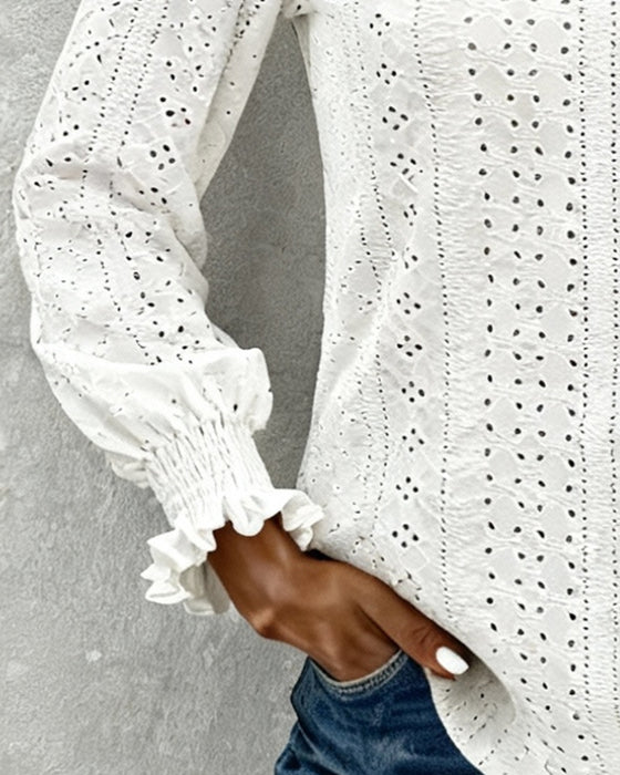 Textured Hollow-Out V-Neck Long-Sleeved Top