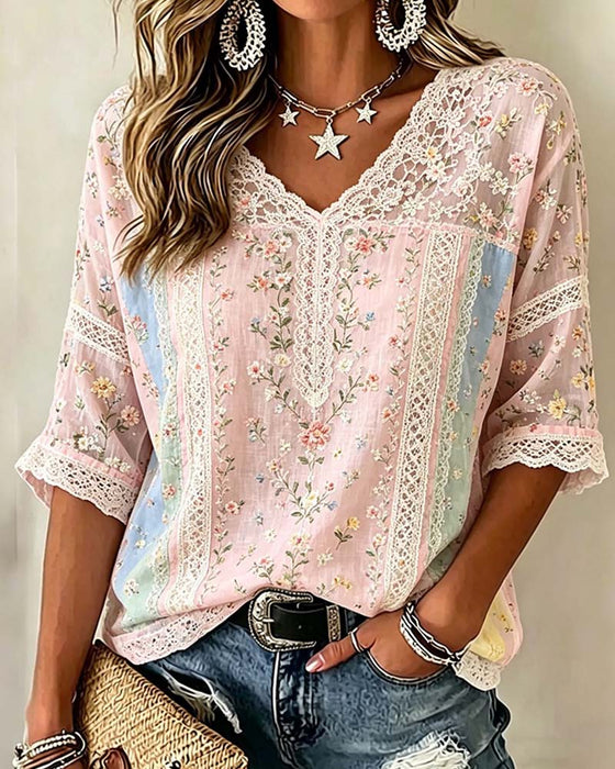 V-Neck Lace Patchwork Contrast Floral Blouse